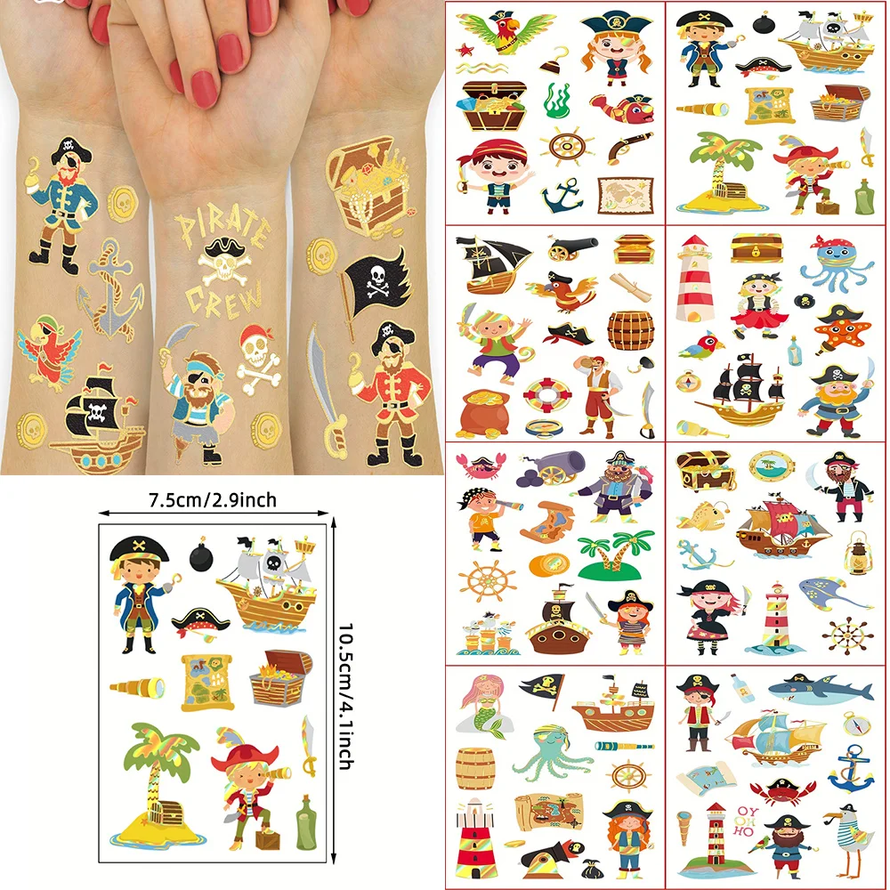 

8sheets Waterproof Hot Stamping Pirate Tattoo Sticker for Pirate Birthday Party Treasure Hunting Funny Children Tattoo Sticker