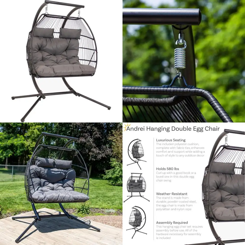 

2-Person Outdoor Double Hanging Egg Chair with Steel Stand and Cushion in Dark Gray