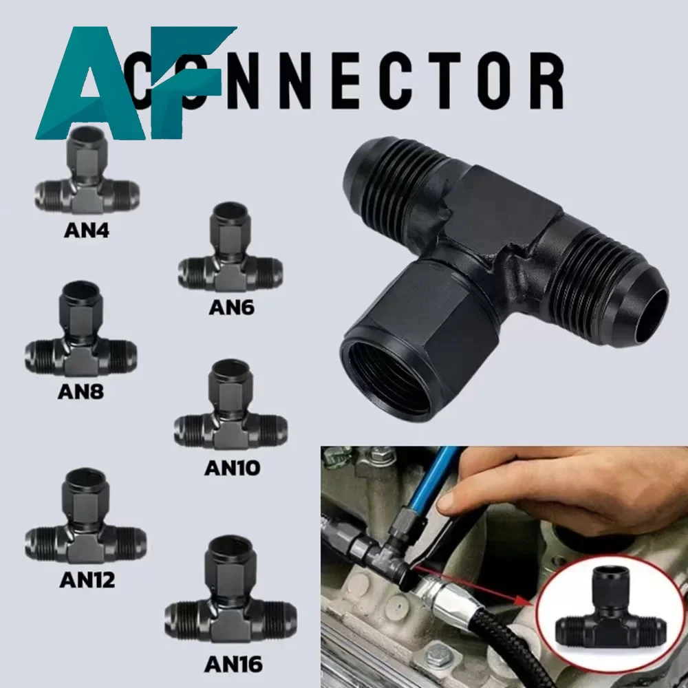 Black Aluminum Flare Tee Fitting with female to male thread on the side  AN4  AN6 AN8 AN10 AN12 Automobile parts