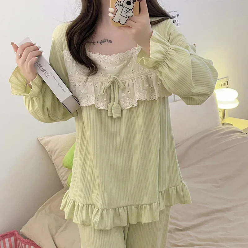 Set piyama wanita lengan panjang, setelan piyama renda tambal sulam kerah persegi Solid manis gaya Korea musim semi Ruched ruffle rumah Kawaii