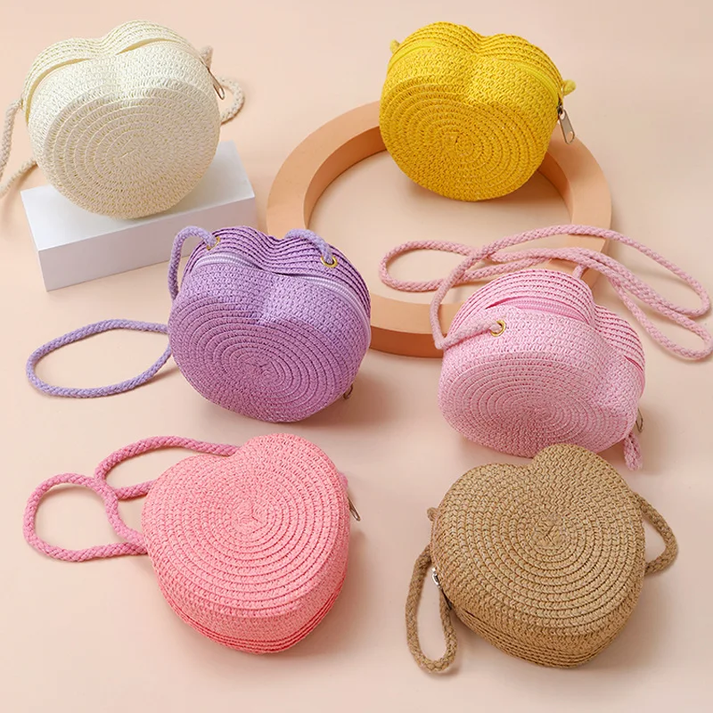 Fashion Woven Straw Shoulder Bags Cute Travel Crossbody Bag Creative Heart Shape Coin Purse Children Beach Bag