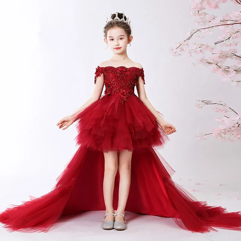 Off Shoulder Red Lace Girl Wedding Party Flower Girl Dress Long Trailing Kids Princess Pageant Gowns Girl First Communion Gown