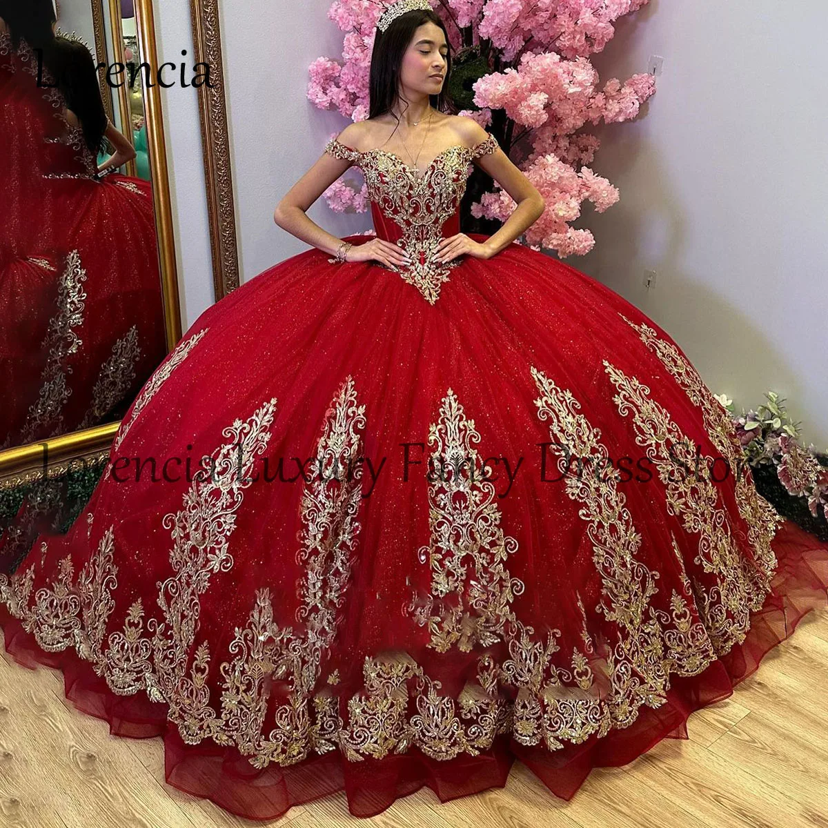 Vestido De quinceañera rojo mexicano, vestido De baile dulce 16, apliques De flores 3D, sin hombros, sin mangas, Formal, 2024