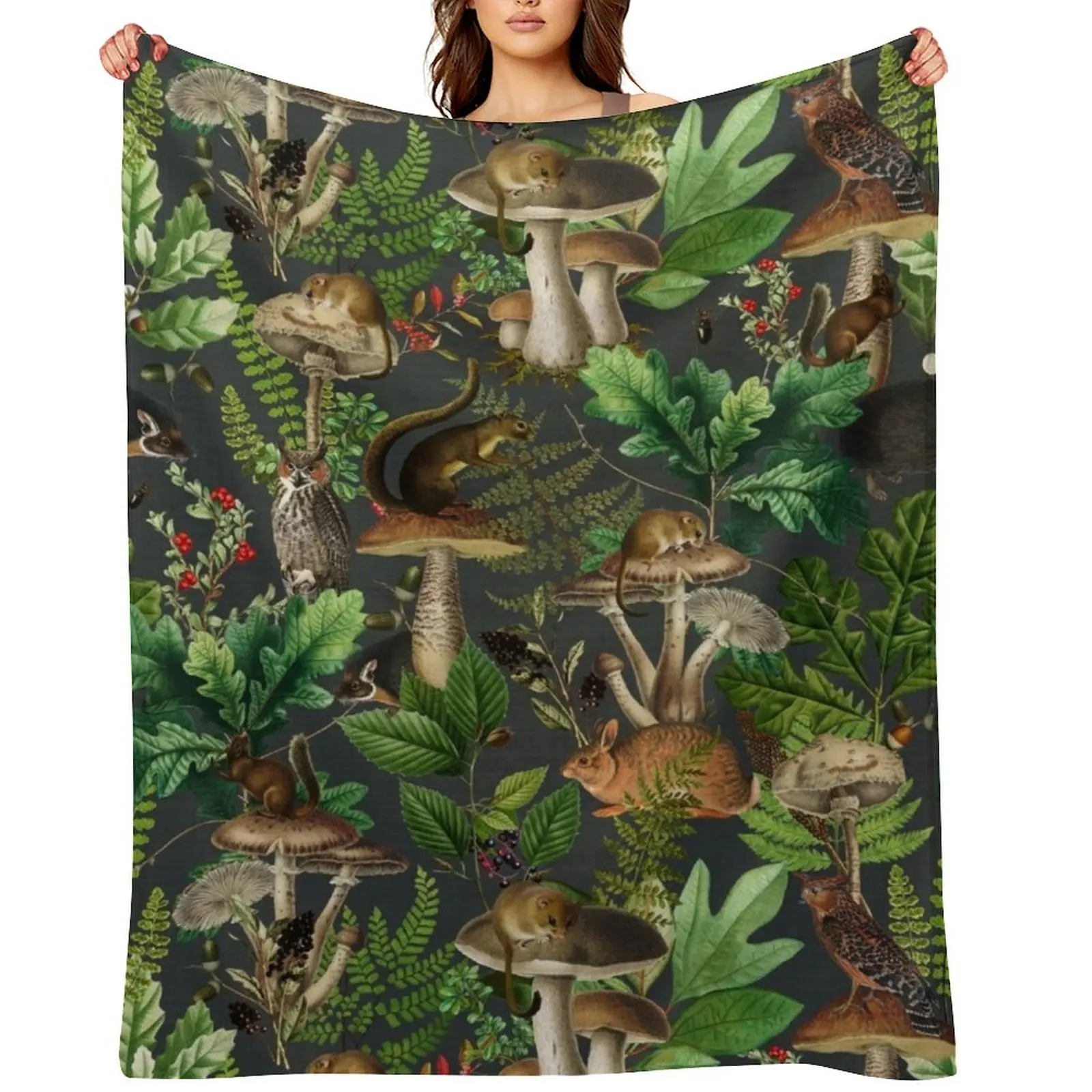 

Woodland Fairytale- Mushrooms And Wild Animals In Forest - Vintage Botanical Night Garden Pattern Throw Blanket
