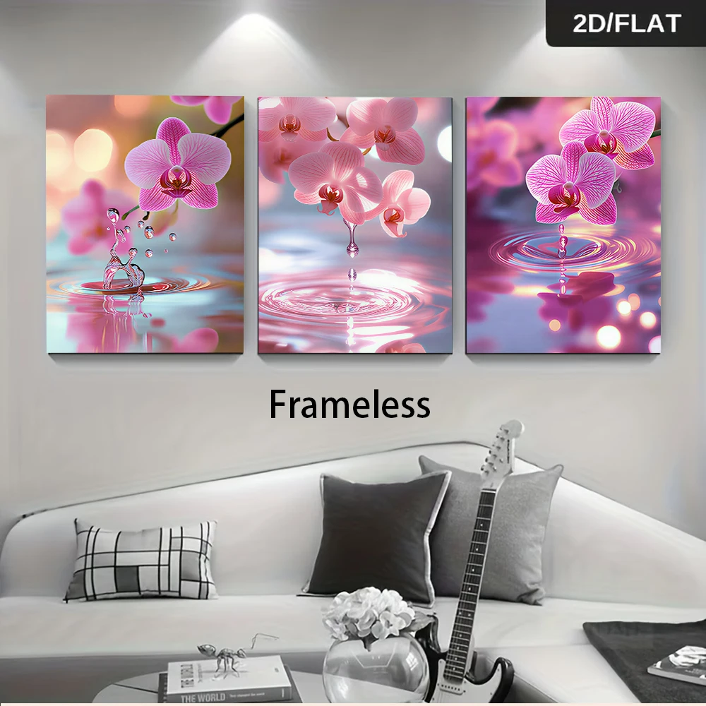1 set of three frameless decorative paintings, simple pink orchid water droplet reflection decorative wall hanging, 2D flat desi