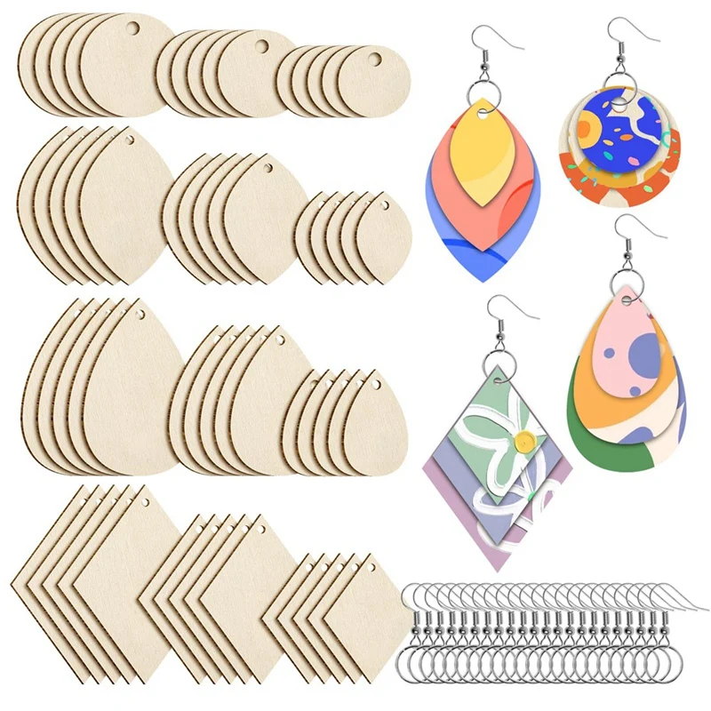 120Pieces Unfinished Wooden Earrings Blank Wood For Earring 4 Shapes For Wooden Earring With Earring Hooks & Jump Rings