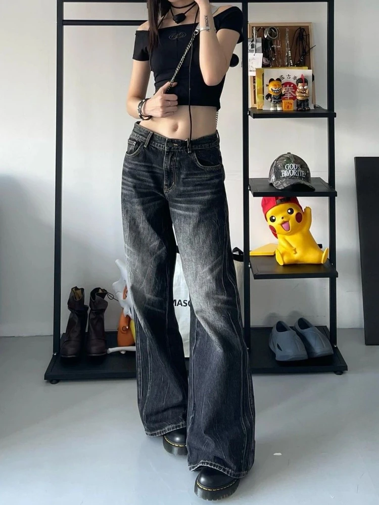 QWEEK Women Y2K Baggy Vintage Jeans Black Streetwear Spodnie z szerokimi nogawkami Harajuku Distressed Washed Looes Denim Trousers Hip Hop