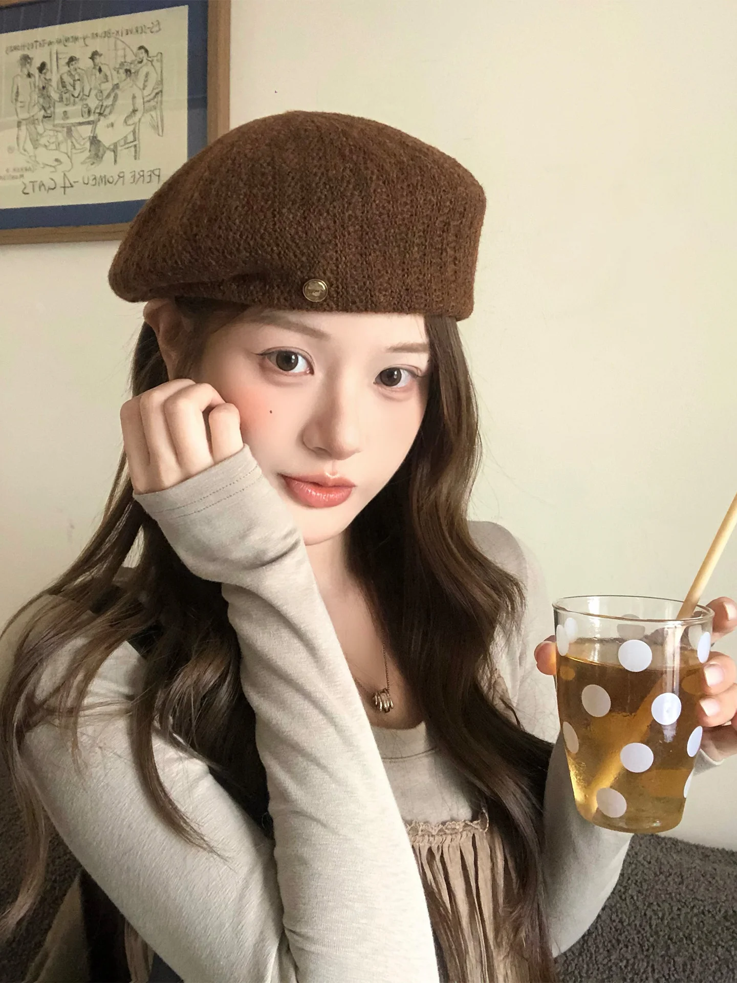Retro Knitted Beret Hat Women's Autumn New Style Versatile Elegance Atmosphere Small Face Effect Artist Hat Casual round Top