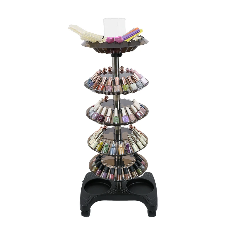 Black Nail Polish Trolley Organizer 5 Layers Nail Polish Spinning Rack Rotating Nail Polish Display Stand with Wheels