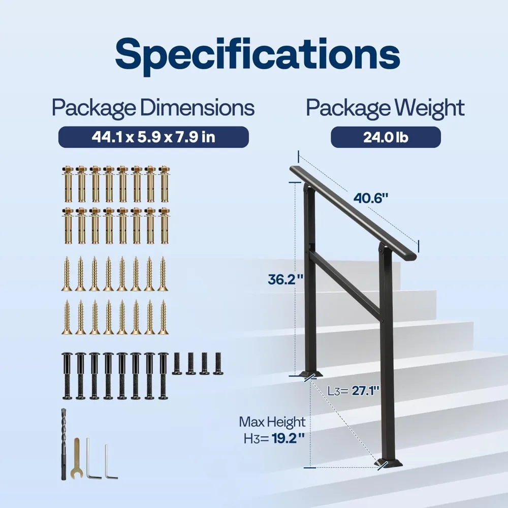 2-Pack 3 Step Hand Rails for Outdoor Steps, Wrought Iron Railing, Black Oval Exterior Hand Railing,or Indoor Stairs, Railing Kit