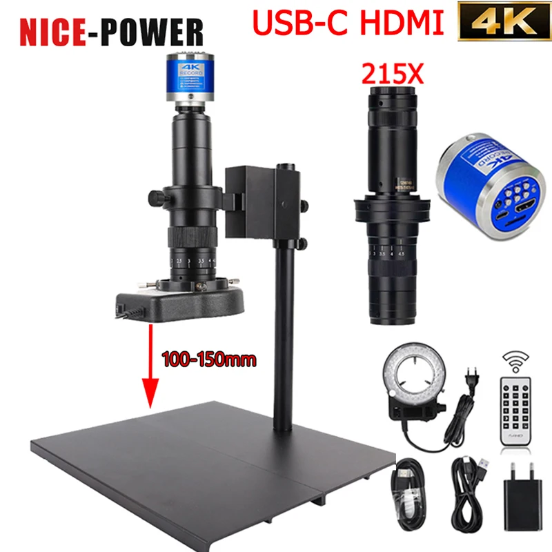 4K 48MP HD Digital Microscope USB TYPE-C Video Camera, 215X/180X/150X/130X C-Mount Lens,Software Remote,PCB Repair Microscope