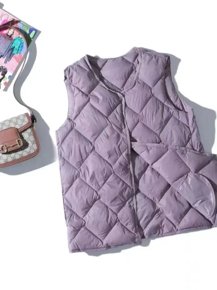 Women Lightweight Down Jacket Sleeveless Vest Autumn Winter Diamond White Duck Down Coats Waistcoat Female Single Breasted Parka