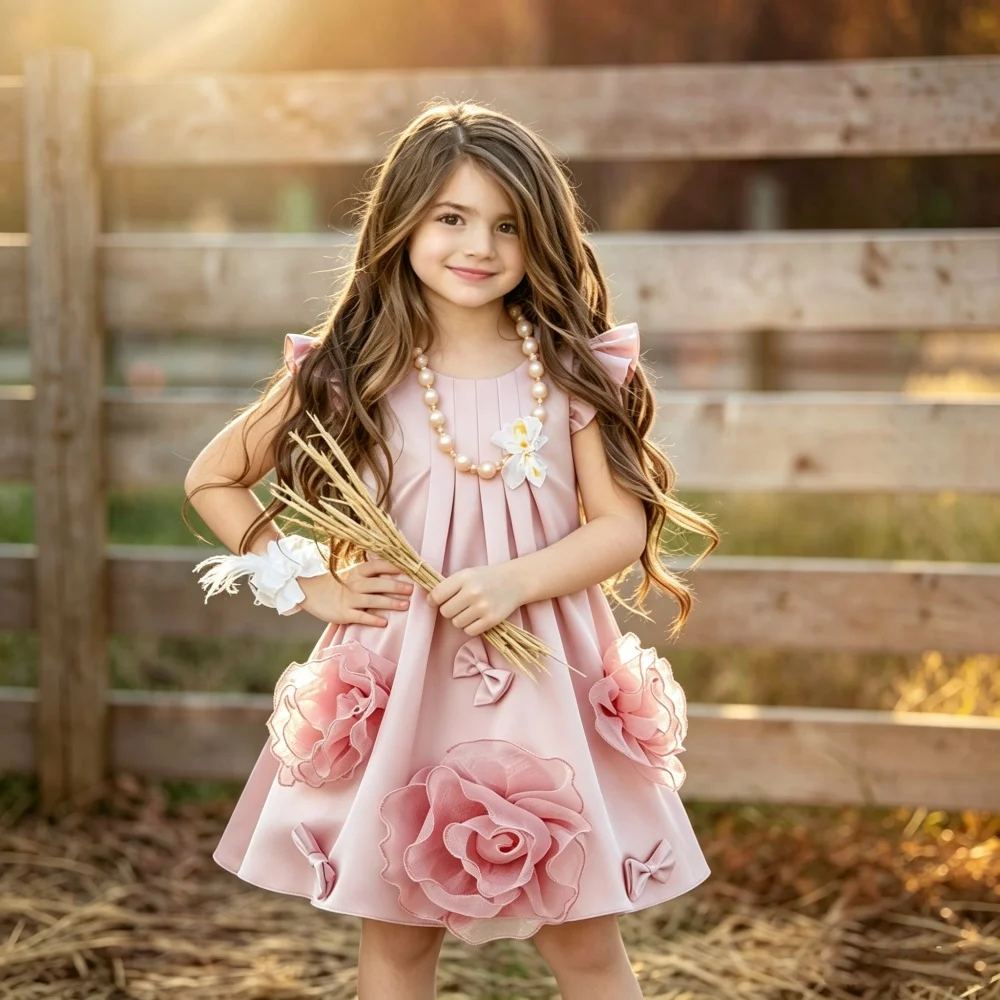 Girls' Pink Floral & Bow Formal Dress Sweet Cap-Sleeve Princess Gown for Performances Parties or Flower Girls
