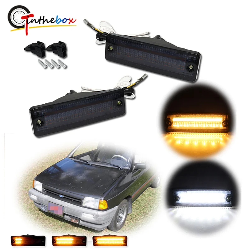 

Gtinthebox White & Dynamic Amber LED Front Turn Signal Lights DRL For Ford Festiva, For Mazda 323 626 B2000/B2200/B2600 Truck