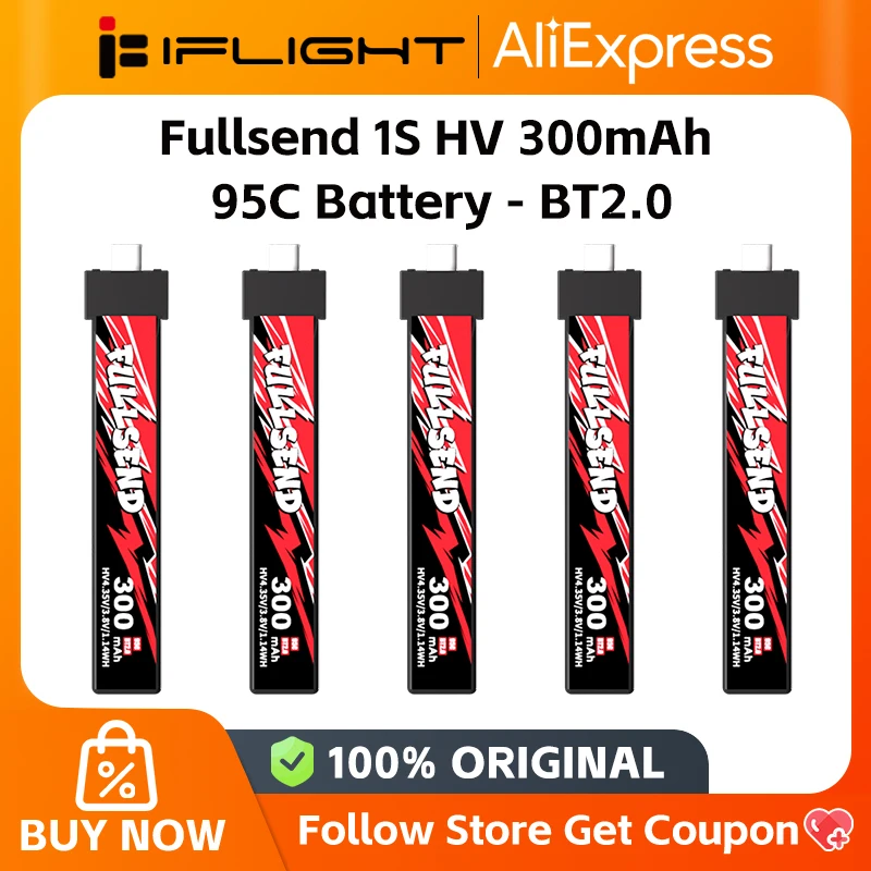 iFlight - Paquete de 5 Baterías Lipo Fullsend 1S HV de 300 mAh y 95C con Conector de Carga BT2.0 para Dron Defender 12 Analógico Tiny Whoop