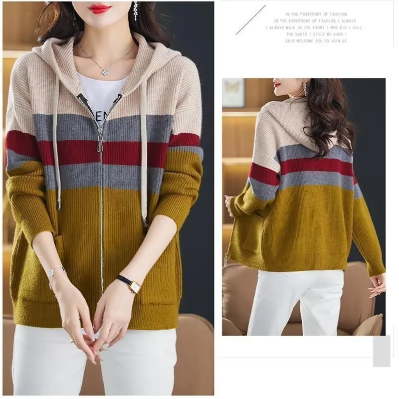 Women Sweater Cardigan Coat 2025New Fashion Stripe Knitted Sweater Ladies Long Sleeve Zippers Knitwear Jacket Female Casual Tops