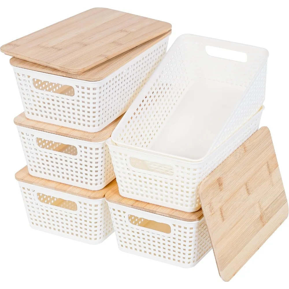 

Small Storage Bins with Lids 6 Packs, Plastic Storage Basket with Bamboo Lid for Pantry Organization and Storage Containers