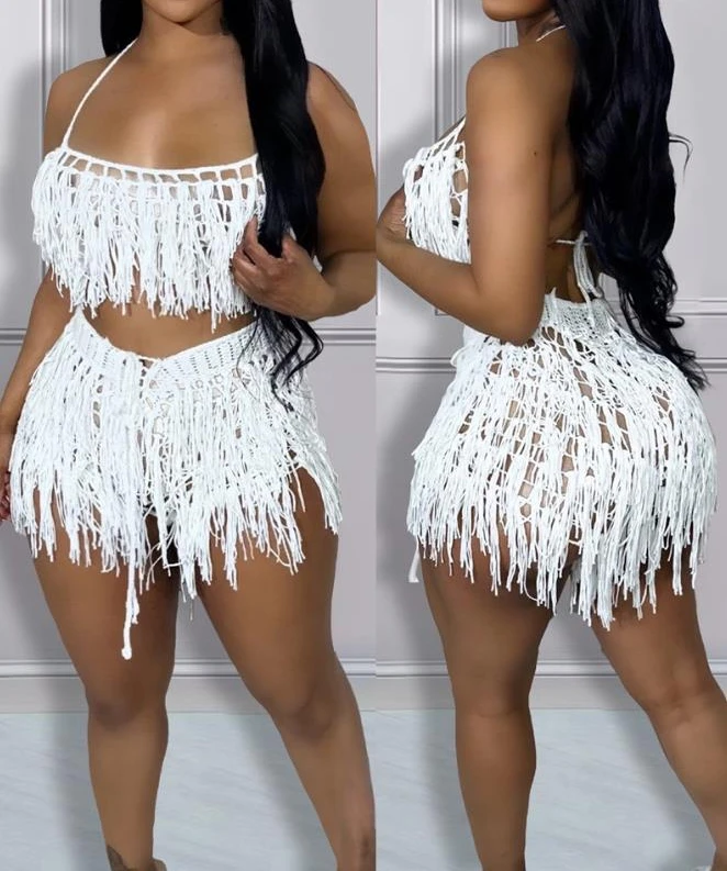 Damskie dwuczęściowe zestawy strojów 2024 Summer New Sexy Spaghetti Strap Crop Crochet Top & Fashion Tassel Design Shorts Set Casual