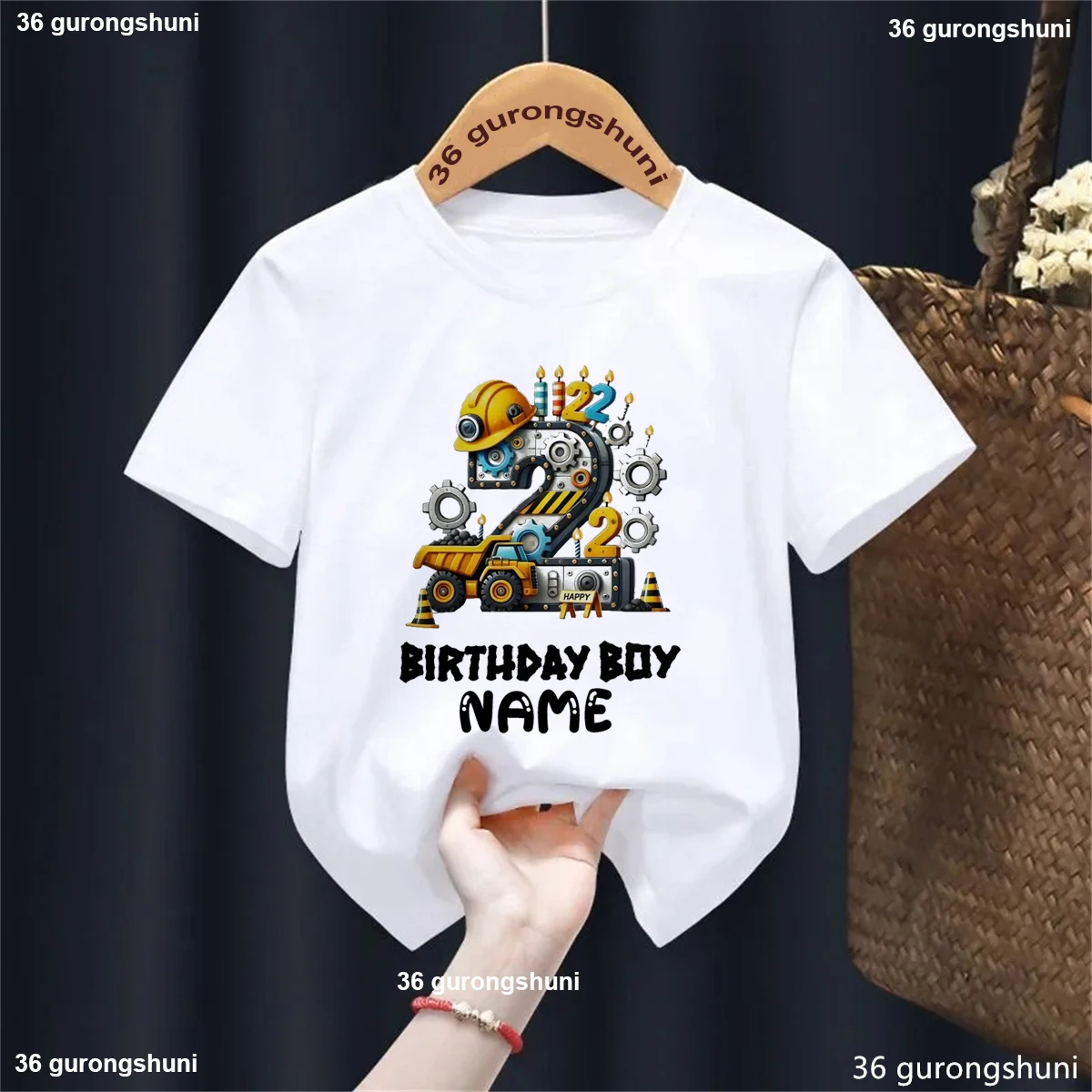 The Best Birthday Gift Toddler Kids Clothes Custom Name 2nd Birthday Boy Excavator Gearwheel Printed T Shirt Boys Solid T-Shirt