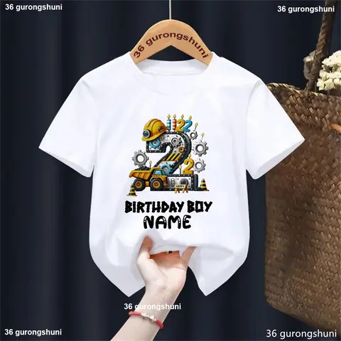 The Best Birthday Gift Toddler Kids Clothes Custom Name 2nd Birthday Boy Excavator Gearwheel Printed T Shirt Boys Solid T-Shirt