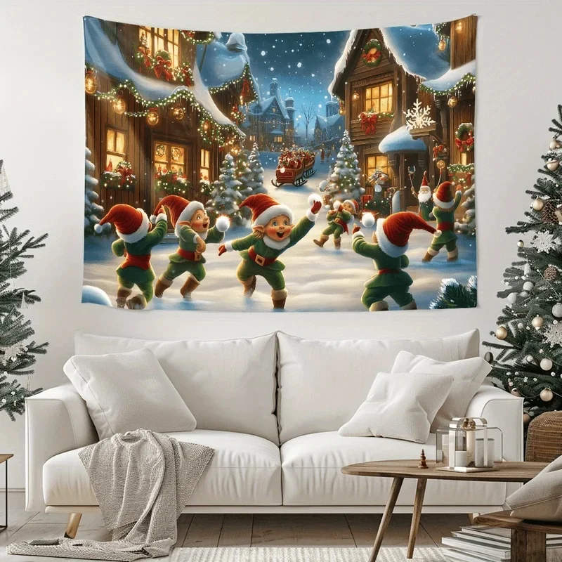 VIKAMA Christmas Elf Tapestry Snowy Cabin Xmas Village Elf Snowball Game Wall Hanging Backdrop for Holiday Home Decor