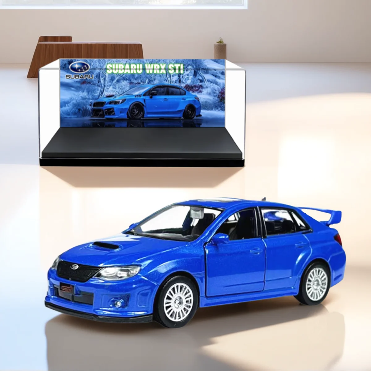 Subaru WRX STI Scala 1:36 con custodia in acrilico, modello di auto giocattolo ribaltabile Veicolo pressofuso Replica Regalo di Natale Giocattolo per bambini