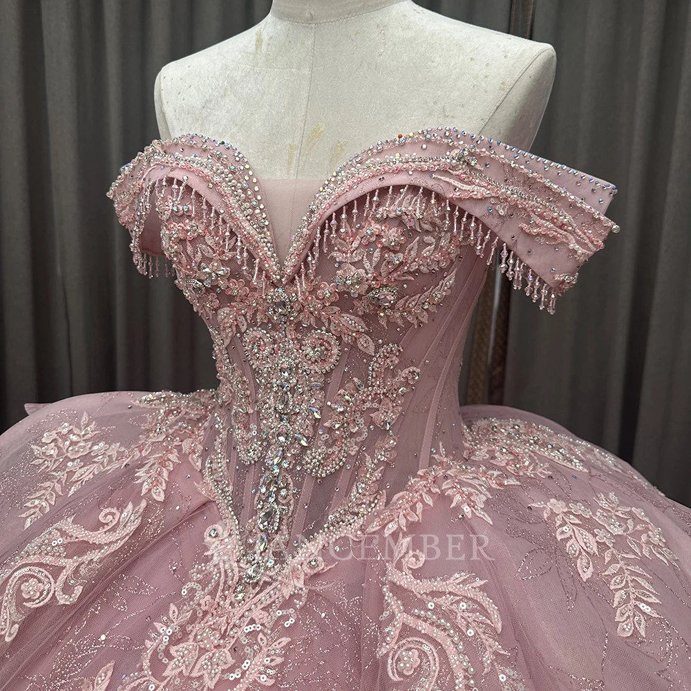 Robe De bal personnalisée rose Quinceanera robes dentelle gland épaules dénudées à lacets dos perlé doux 16 anniversaire robes De 15 ans