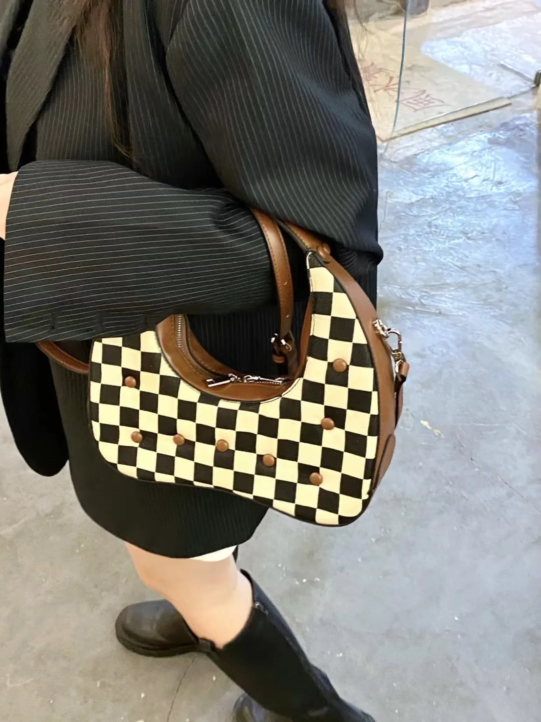 FIRMRANCH Retro Black White Checkerboard Plaid Crescent Rivets Semicircle Handbag Cheese Shoulder Diagonal Bag For Woman Purse