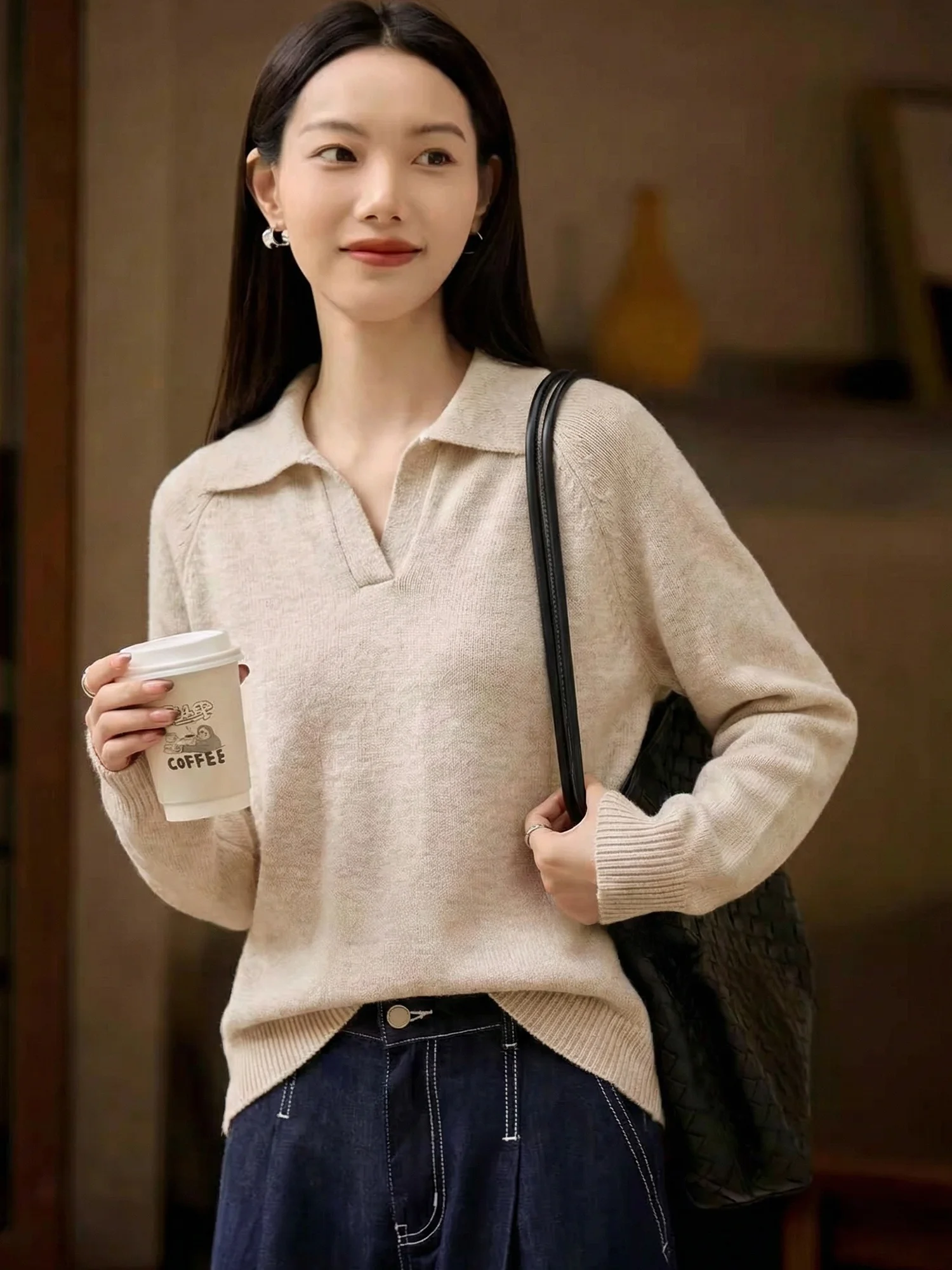 

Chivirin mat Vintage Turn-down Collar Long Sve Women's Knitted Sweater Spring Autumn Overhead Woolen Base irt