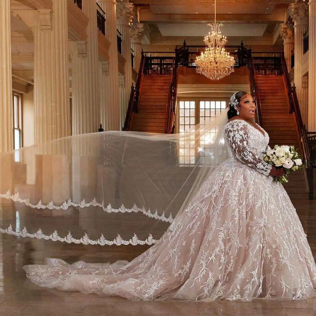 Elegant Ball Gown Wedding Dresses V Neck Long Sleeves Appliques Lace Custom Made Lace-Up Back Sweep Train Plus Size Bridal Gowns