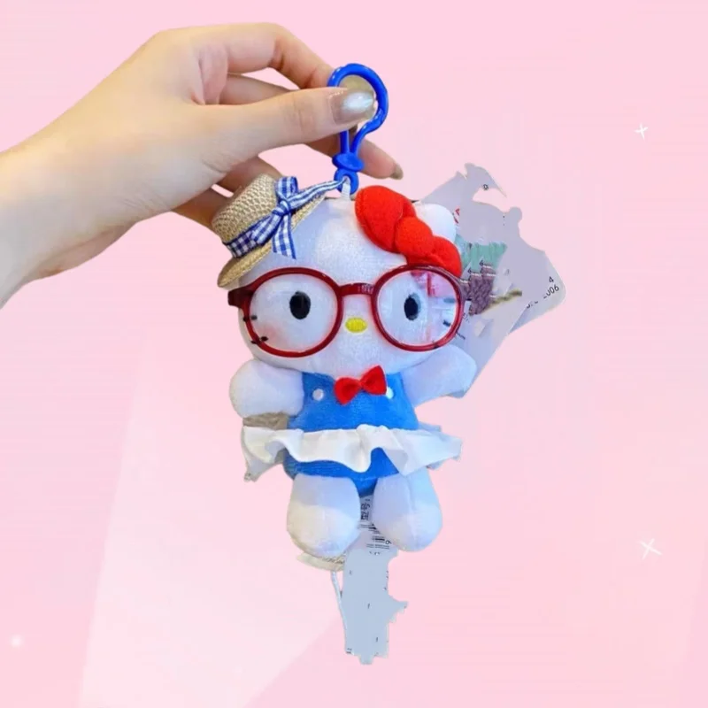 New Hello Kitty Kawaii Straw Hat Glasses Cute Plush Keychain Toy Bag Pendant Doll Decorations Birthday Gift For Girl