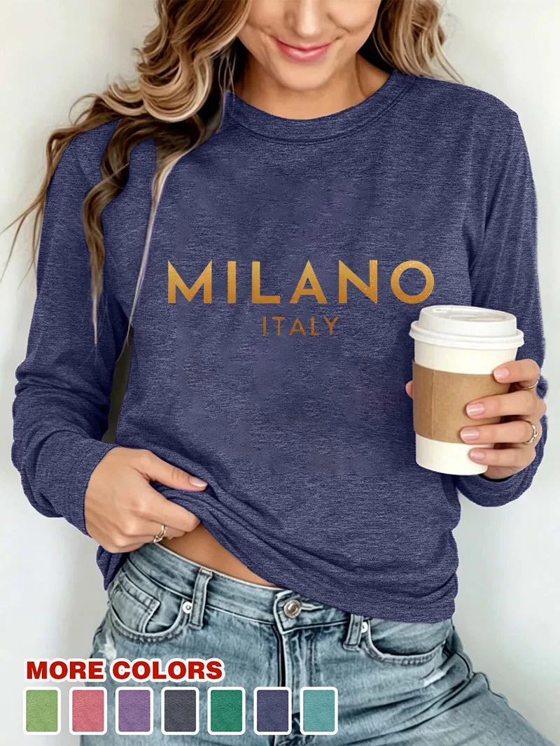 Fashion Milano Ltaly Letter Print T-Shirt Y2k Long Sleeve Clothing Female Vintage Graphic Tees Casual Streetwear Winter Autumn
