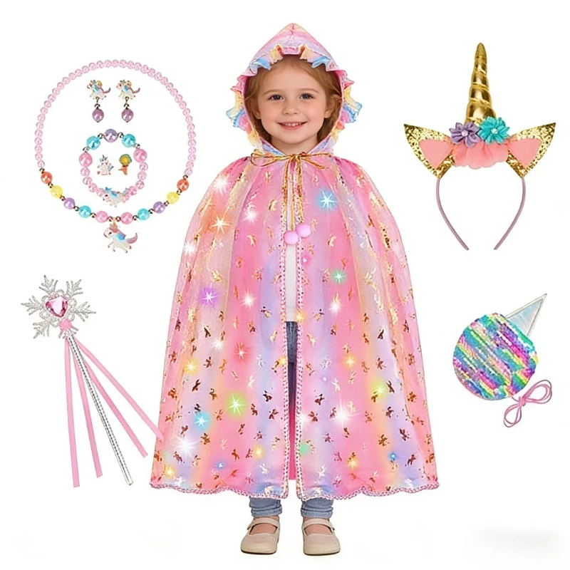 LED Light Up Kids Unicorn Hooded Cape Set Girls Magical Print Princess Cloak with Matching Horn Headband for Birthday Carnival
