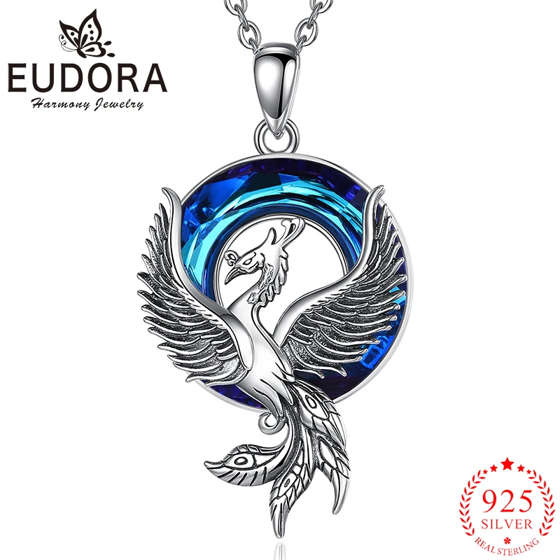 

Eudora 925 Sterling Silver Phoenix Necklace Luxury Crystal Annulus Statement Pendant Men Women Fashion Jewelry Beautiful Gift