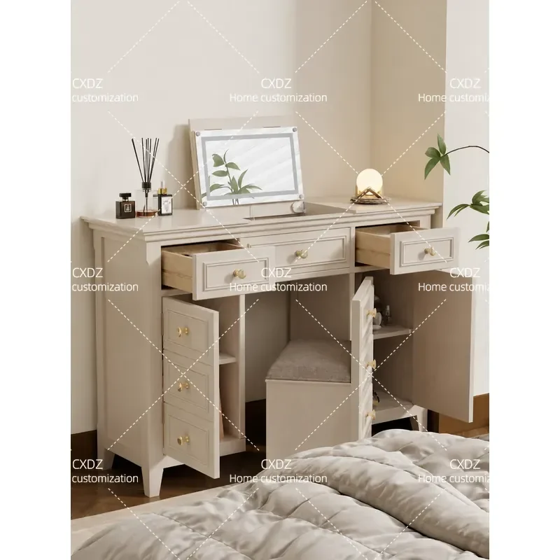 French Style Dressing Table with Makeup Mirror and Storage Side Cabinet Multi-functional Floor-to-ceiling Vanity for Small