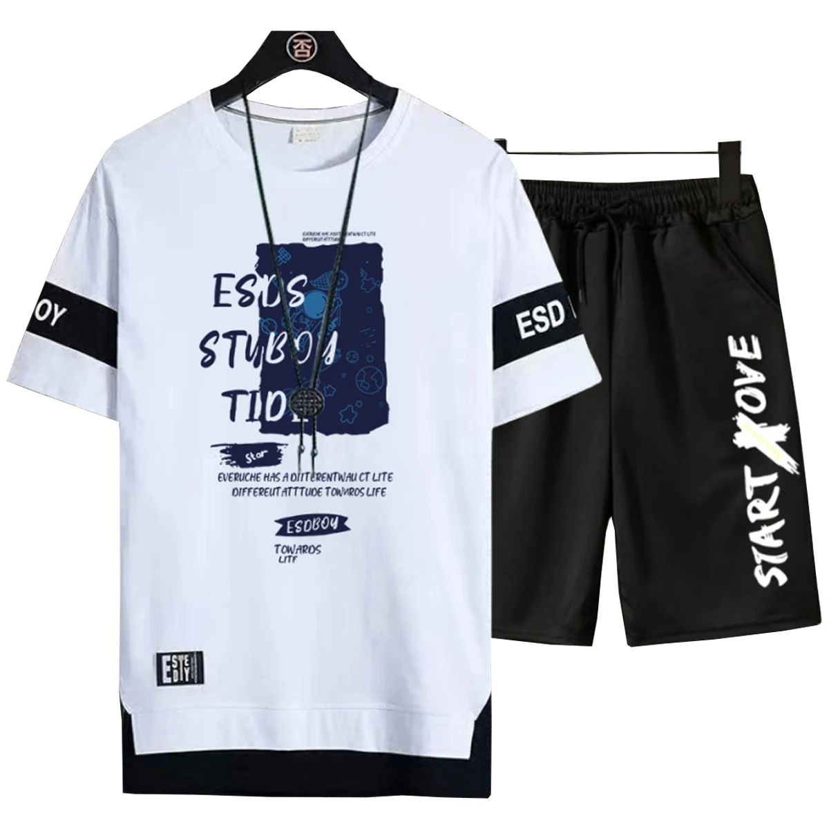 Men's Short Sleeved Shirt Casual Shorts Letter Printed Pattern Round Neck Top Youth Student hip-hop Clothing Spring Summer