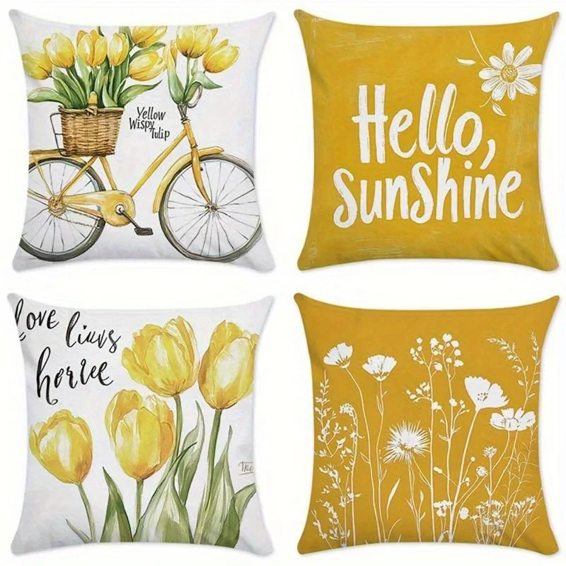 4pcs 17.7x17.7 Inch Short Plush Decorative Pillow Covers - Contemporary Style with Vibrant Yellow Tulips, Bicycle, Sunshine & Fl