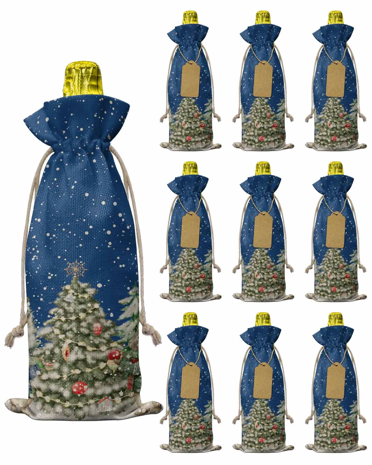 10pcs Hand Drawn Vintage Pine TreeWine Bottle Bag with Drawstring Festive Party Decor Wine Bottle Covers Gift