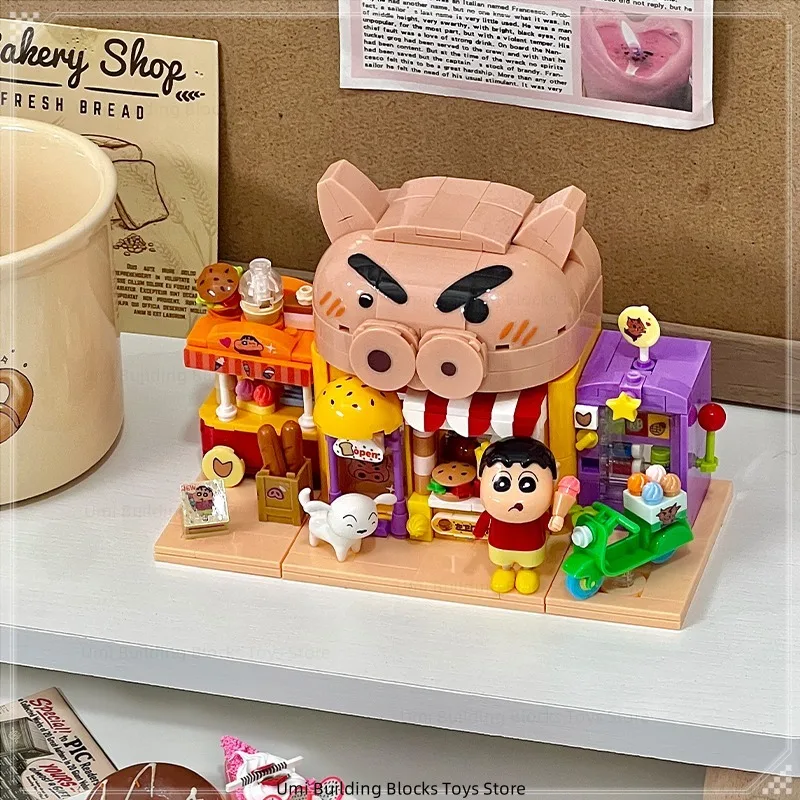 Crayon Shin-chan Assembled Building Blocks Creative Street Scene Kinetic Superman Toy Model Ornaments Children's Holiday Gift