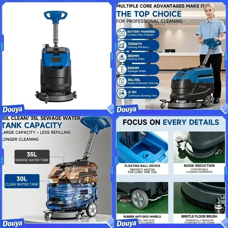 Easy Storage Portable Residential Electric Floor Scrubber Tiled PVC Epoxy Floor Sweeping Machine with Foldable Handle