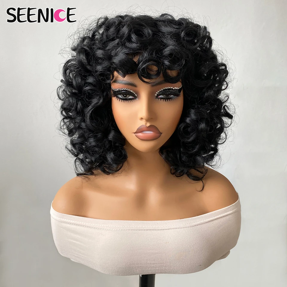 

Synthetic Short Hair Afro Kinky Curly Wigs With Bangs Loose Cosplay Fluffy Shoulder Ombre Black Blonde Wigs Natural For Women