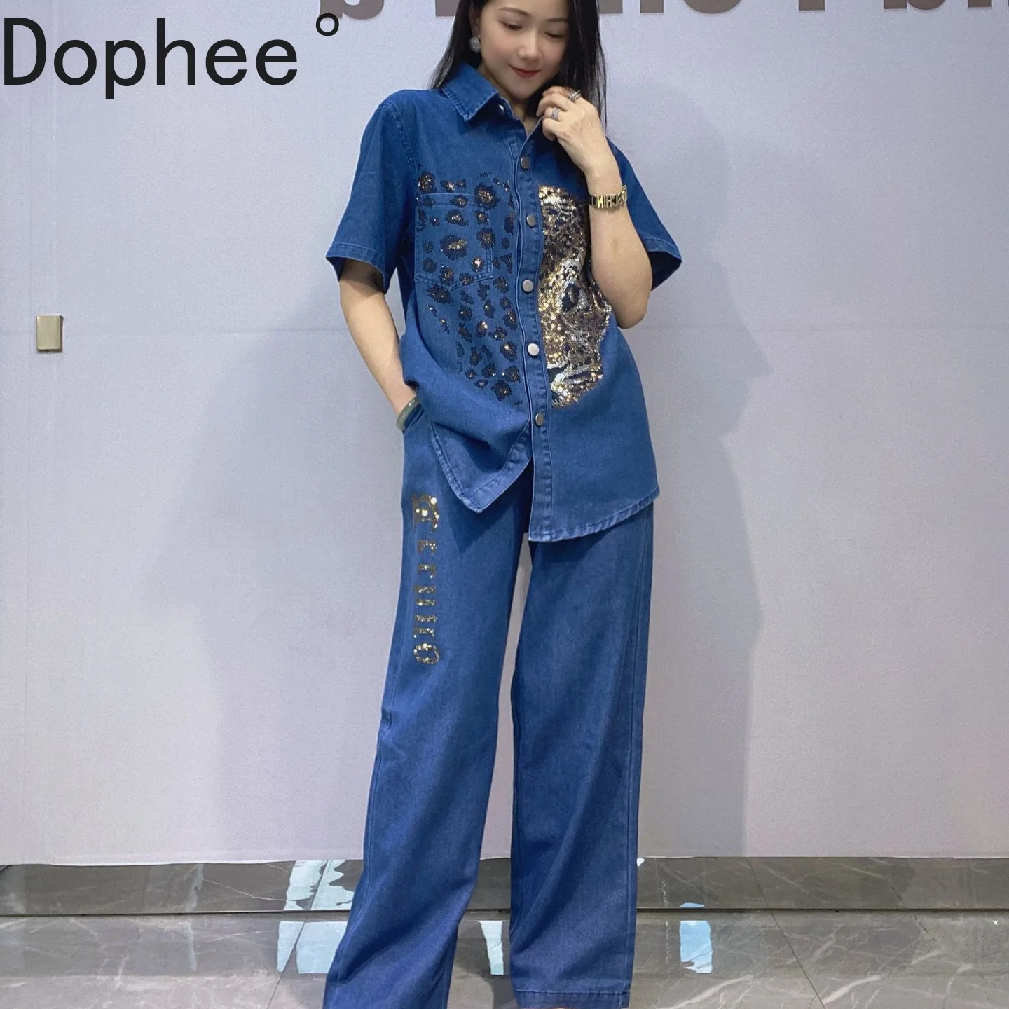 

Streetwear Spring Summer Women Two-piece Set Shiny Diamonds Short Sleeve Denim Cardigans Shirt + High Waist Casual Jeans Suits