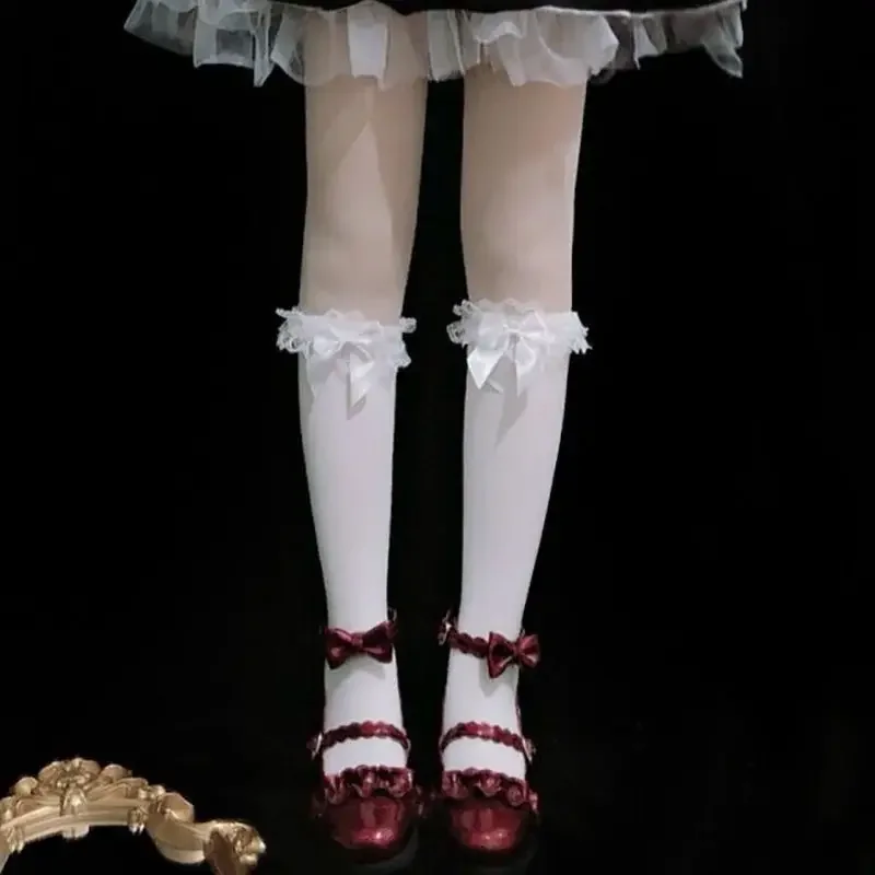 

Japanese Lolita Maid Cosplay Knee High Long Socks Sweet Layered Ruffled Lace Big Bowknot Kawaii Cotton School Uniform Tube
