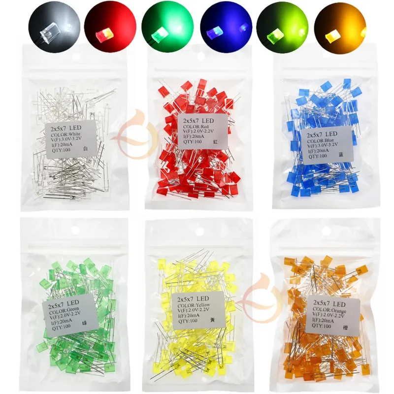 100 шт./лот 2x5x7 квадратный светодиодный диодный светильник белый красный зеленый синий желтый оранжевый индикатор линейные лампы бусины