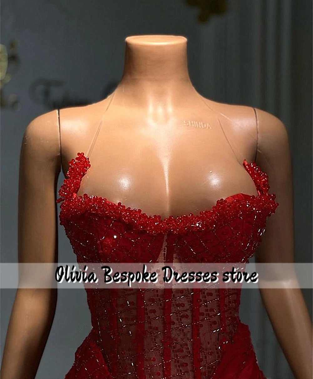 Glamorous Red African Mermaid Prom Dresses Split Aso Ebi Evening Party Gowns Bedings Corset Wedding Reception Dress Customized