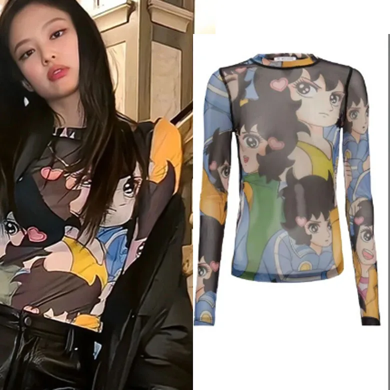 

Jennie Printed Slim Fit Base irt Women Sexy See tough Long Sve round Ne Me T irt Top Creative Embroidery Spring ...