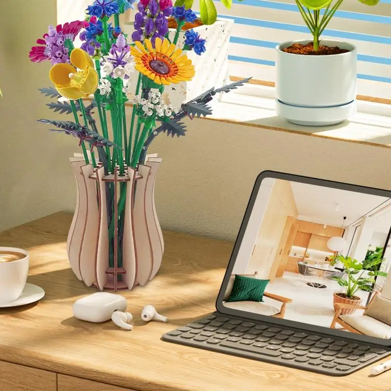 Puzzle Vases For Flowers Flower Bouquet Building Set 3D Puzzles Vase Handcrafted Wood Flower Vase With Display Stand Elegant