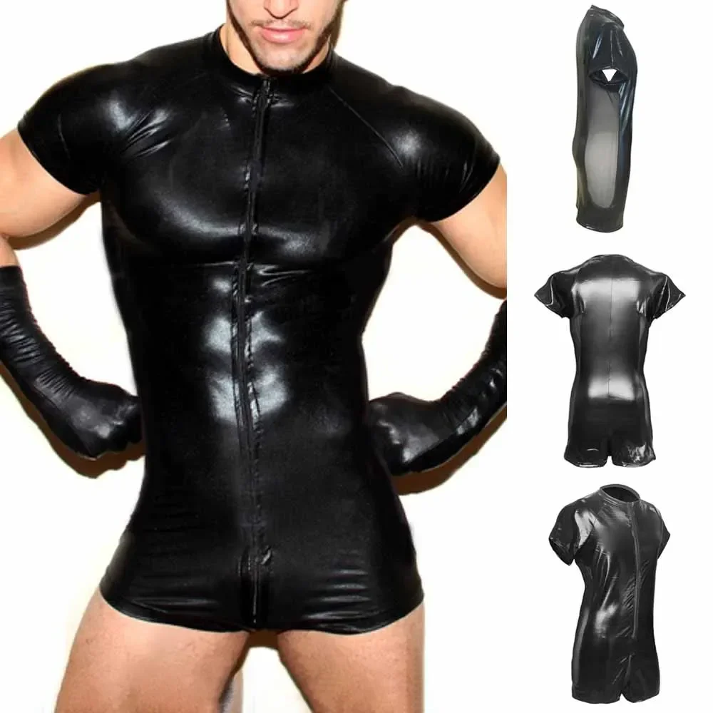 Men\'s Wet Look Patent Leather Pouch Zip-up Short Jumpsuit Tight Fitting Sexy Bodysuit Sensual Clubwear Leotard Male Nightwear