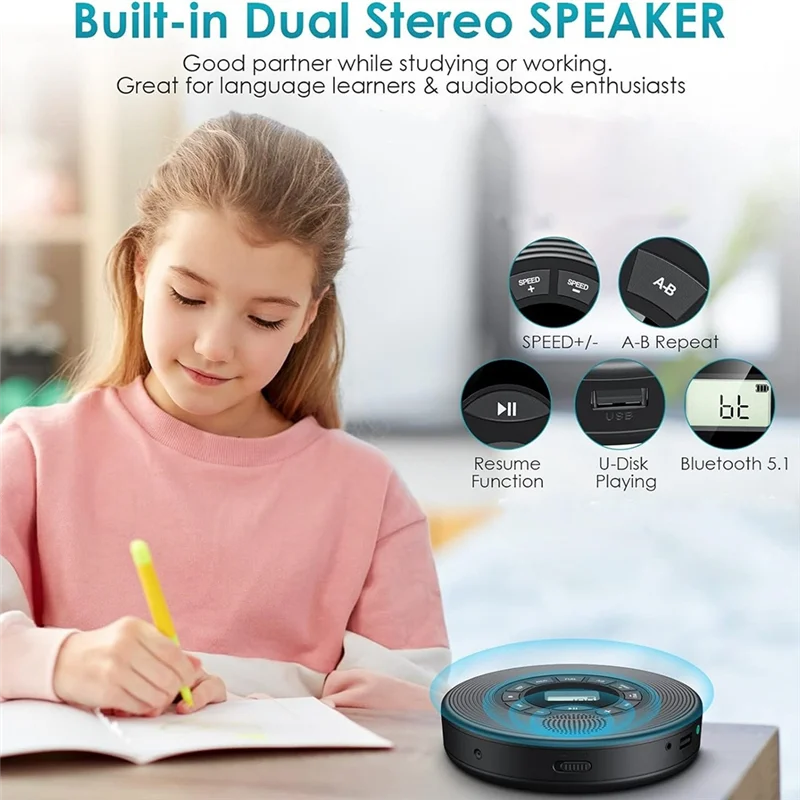 -A89Z противоскользящий портативный Bluetooth CD-плеер 1500 мАч с FM-передатчиком, наушники AUX USB для автомобиля Discman