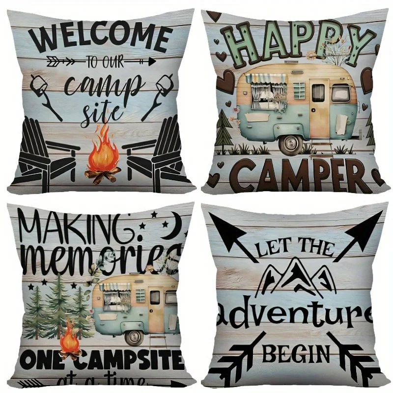 

Наволочка Happy Camper из 4 шт., винтажный деревянный логан для кемпера в стиле кантри «Спросьте в наш Camper Let's Start Adventure» Подушка Cove